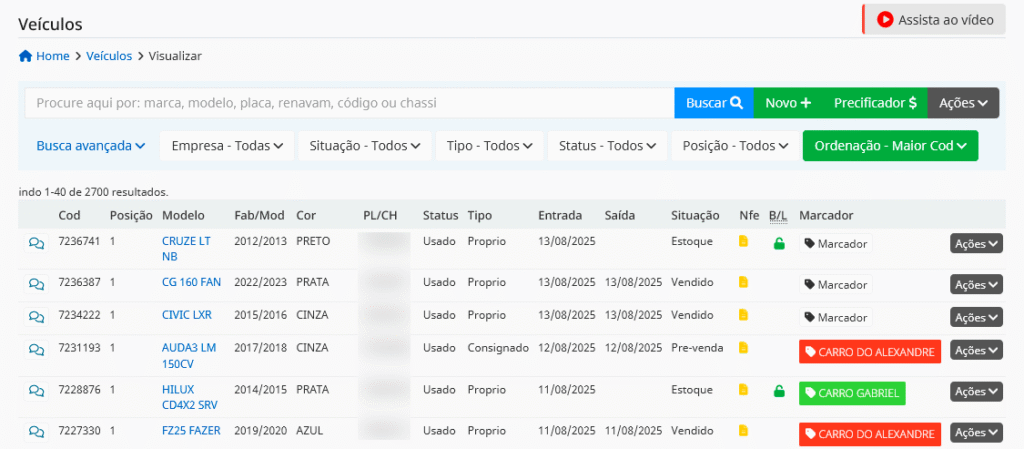Estoque completo — consignação, compra, venda e contratos