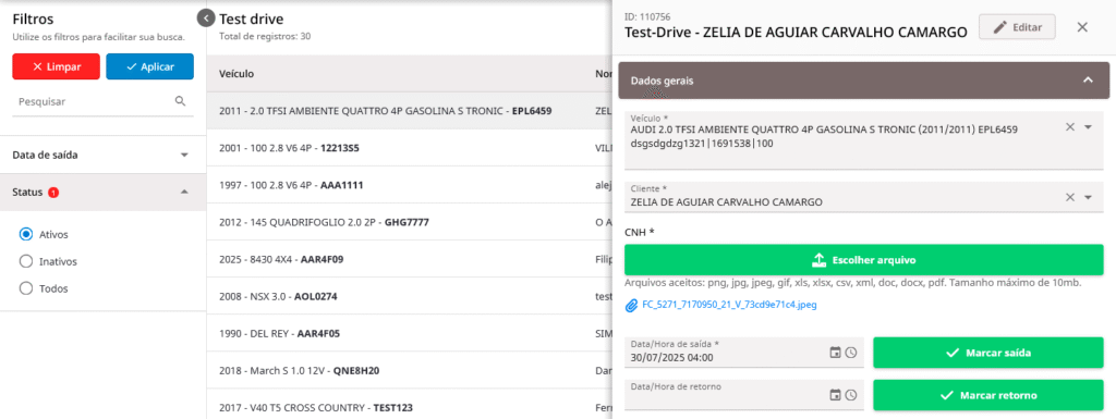 Controle de test drive — experiência com rastreabilidade