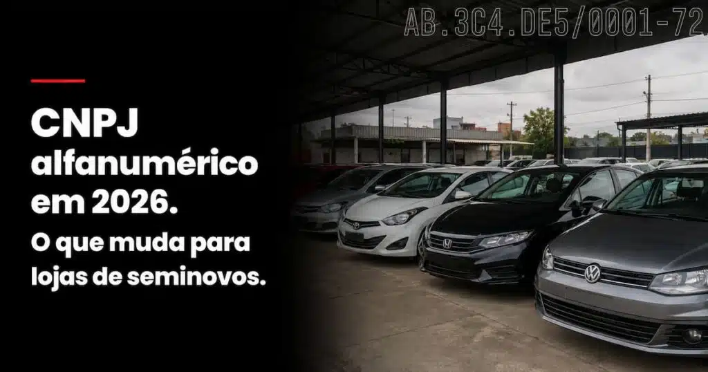 Pátio de loja de veículos seminovos com destaque para o novo formato de CNPJ alfanumérico a partir de julho de 2026